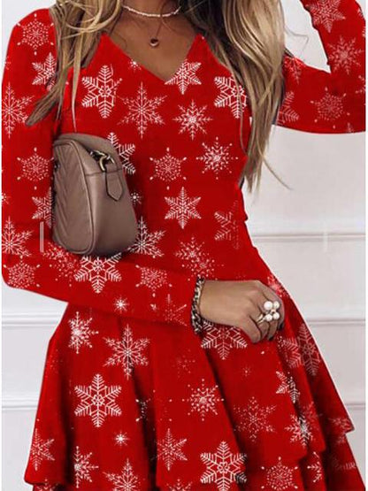 Women's Dresses V-Neck Snowflake Long Sleeve Mini Dress - LuckyFash™