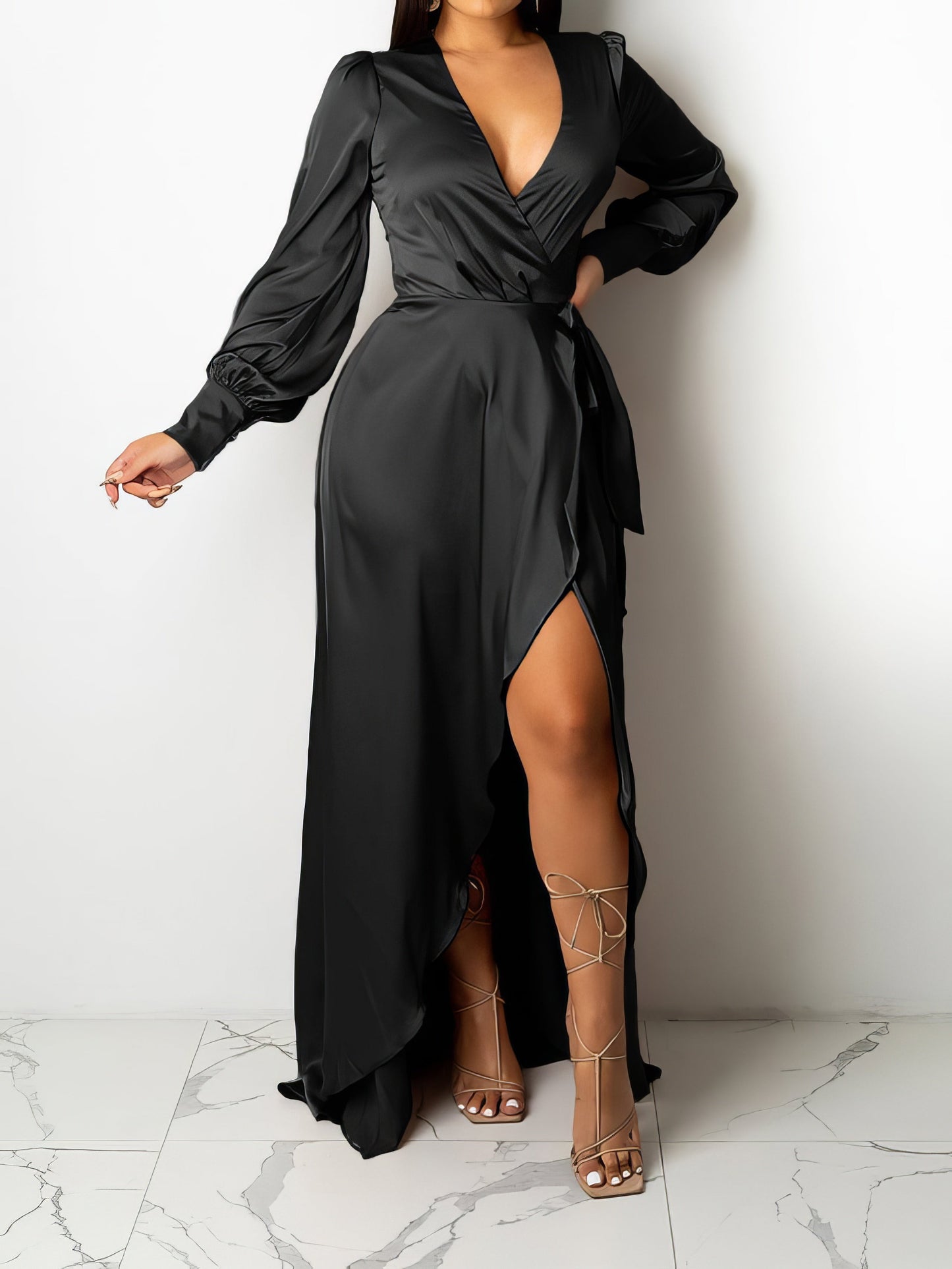 V-Neck Solid Irregular Long Sleeve Dress