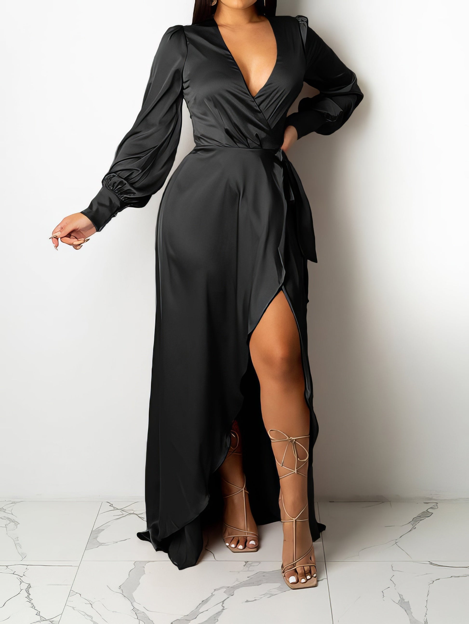 Maxi Dresses - V-Neck Solid Irregular Long Sleeve Dress - MsDressly