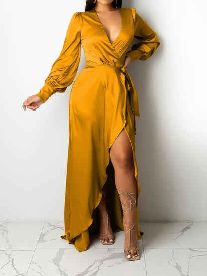 Maxi Dresses - V-Neck Solid Irregular Long Sleeve Dress - MsDressly