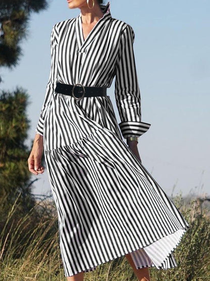 Dresses V-Neck Striped Long Sleeve Dress for Women