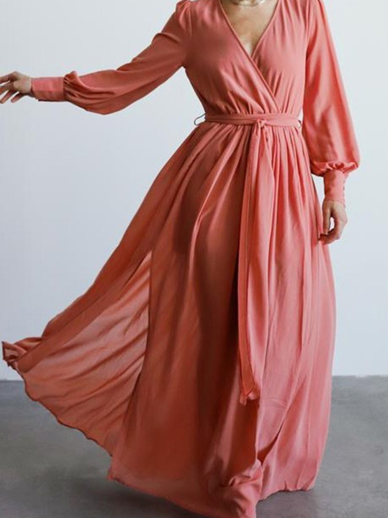 Women's Dresses V-Neck Temperament Long Sleeve Slit Dress - LuckyFash™