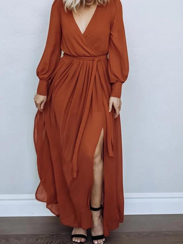 Women's Dresses V-Neck Temperament Long Sleeve Slit Dress - LuckyFash™