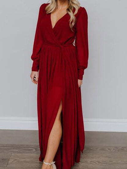 Women's Dresses V-Neck Temperament Long Sleeve Slit Dress - LuckyFash™