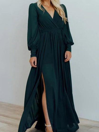 Women's Dresses V-Neck Temperament Long Sleeve Slit Dress - LuckyFash™