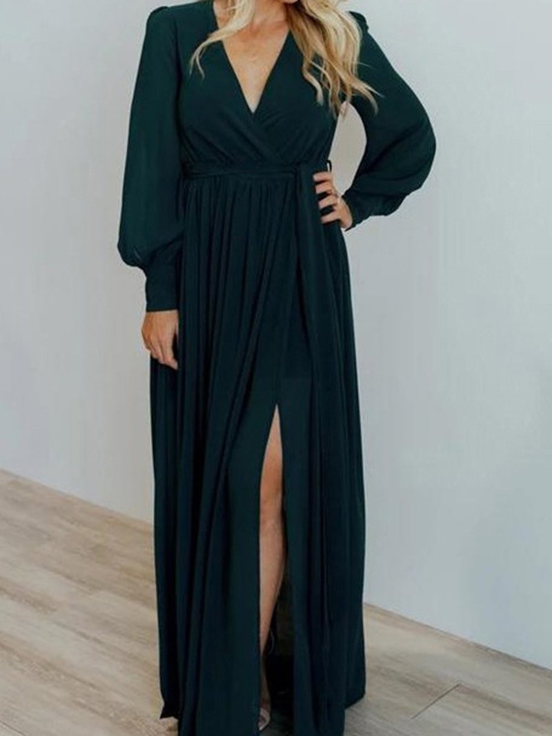 Women's Dresses V-Neck Temperament Long Sleeve Slit Dress - LuckyFash™