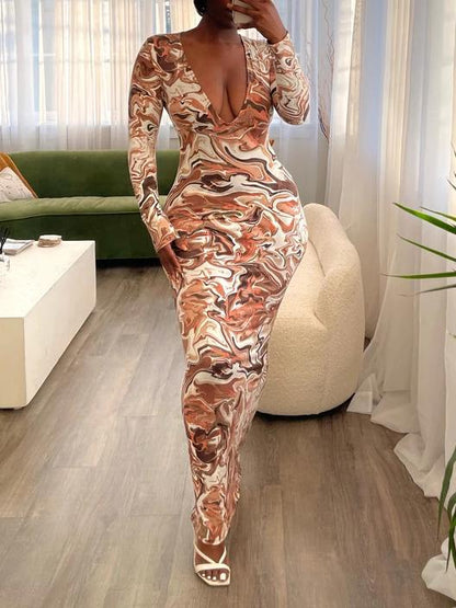 Women's Dresses V-Neck Tie-Dye Print Long Sleeve Bodycon Dresses - LuckyFash™