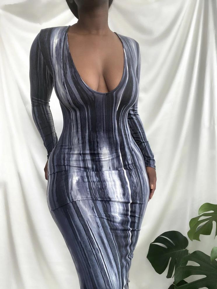 Dresses V-Neck Tie-Dye Print Long Sleeve Bodycon Dresses for Women