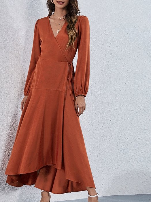 Dresses V-Neck Tie Irregular Long Sleeve Dress for Women