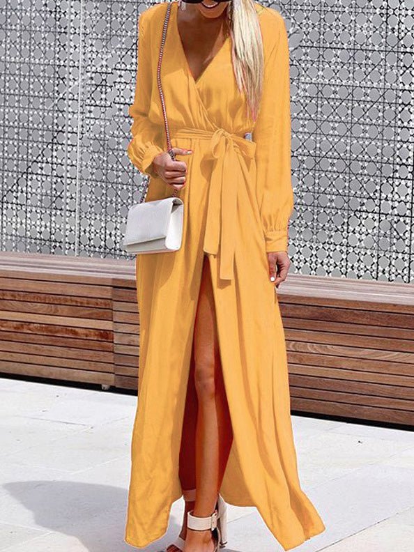 Maxi Dresses - V-Neck Tie Long Sleeve Slit Dress - MsDressly