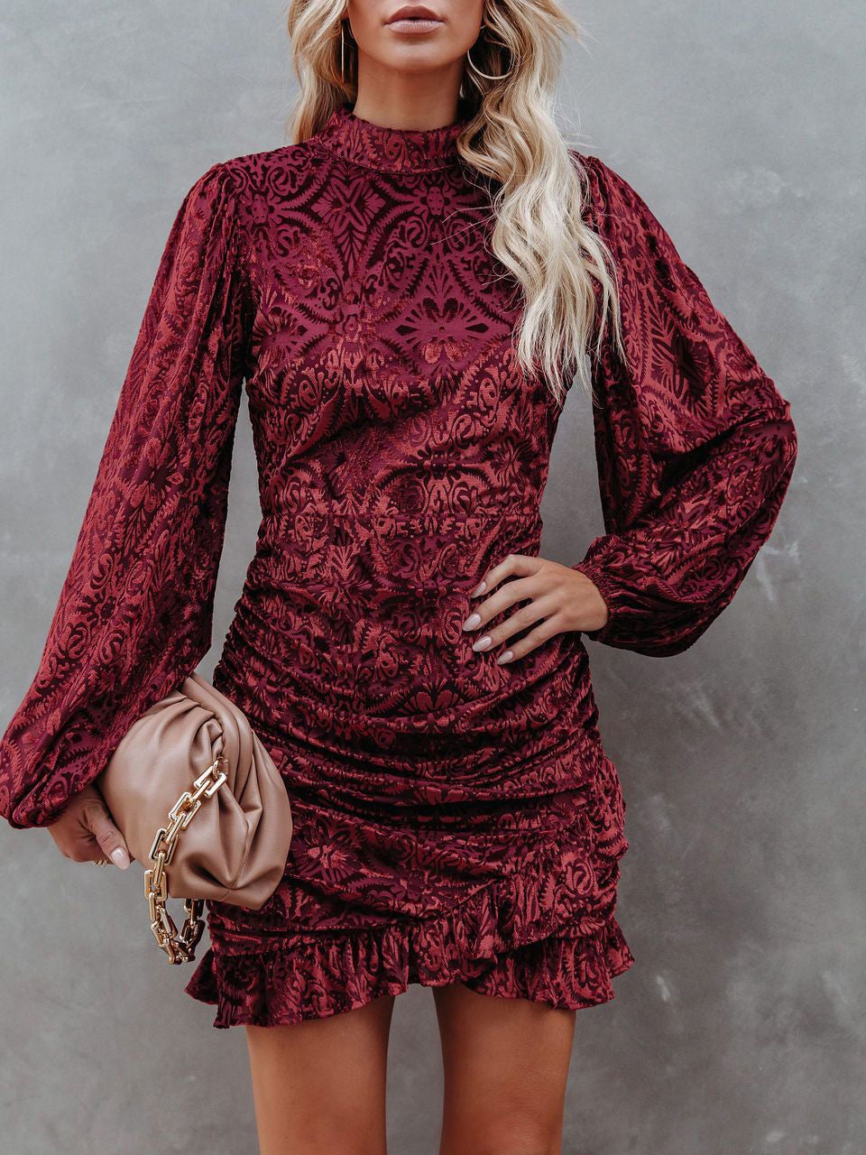 Women's Dresses Velvet Burnt Flower Ruffled Irregular Long Sleeve Dress - LuckyFash™