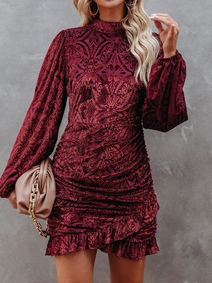 Women's Dresses Velvet Burnt Flower Ruffled Irregular Long Sleeve Dress - LuckyFash™