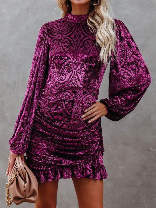 Women's Dresses Velvet Burnt Flower Ruffled Irregular Long Sleeve Dress - LuckyFash™