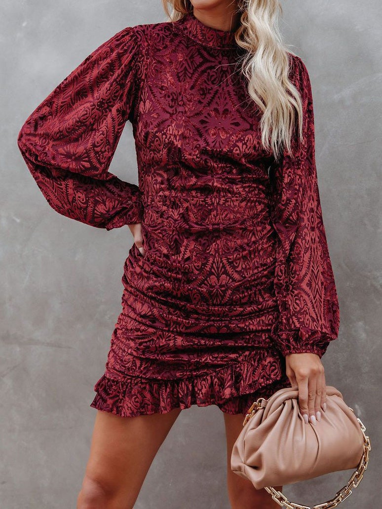 Women's Dresses Velvet Burnt Flower Ruffled Irregular Long Sleeve Dress - LuckyFash™