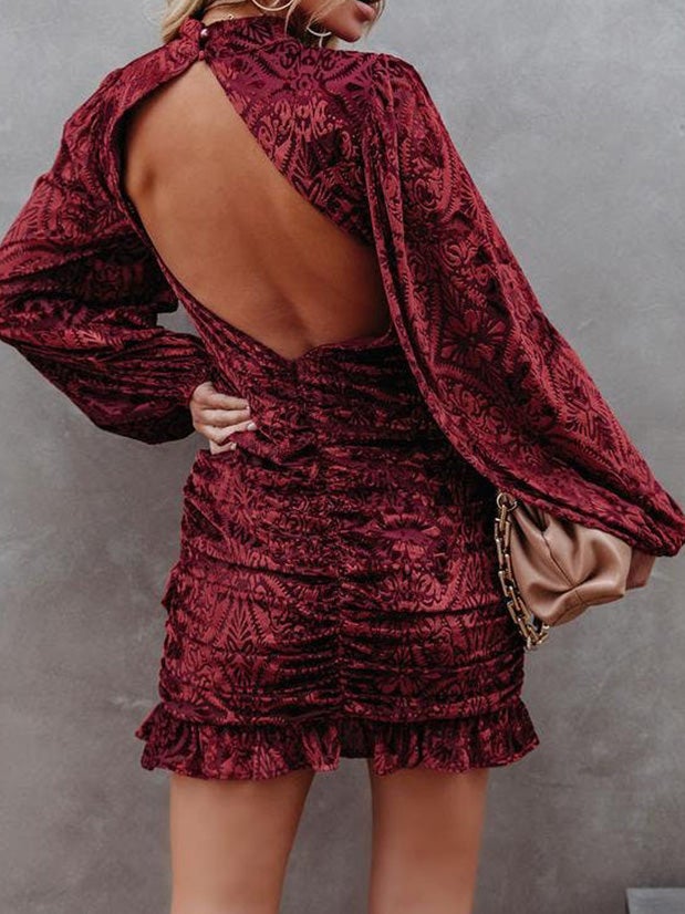 Women's Dresses Velvet Burnt Flower Ruffled Irregular Long Sleeve Dress - LuckyFash™