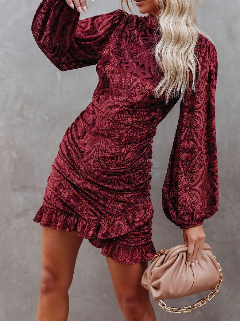 Women's Dresses Velvet Burnt Flower Ruffled Irregular Long Sleeve Dress - LuckyFash™