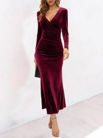 Dresses Velvet V-Neck Long Sleeve Slim Fit Dress for Women