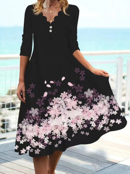 Dresses Wavy Neck Printed Long Sleeve Dress for Women