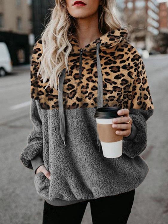 Hoodies - Leopard Print Zip Pocket Long Sleeve Hoody - MsDressly