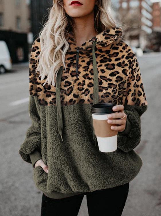 Leopard Print Zip Pocket Long Sleeve Hoody