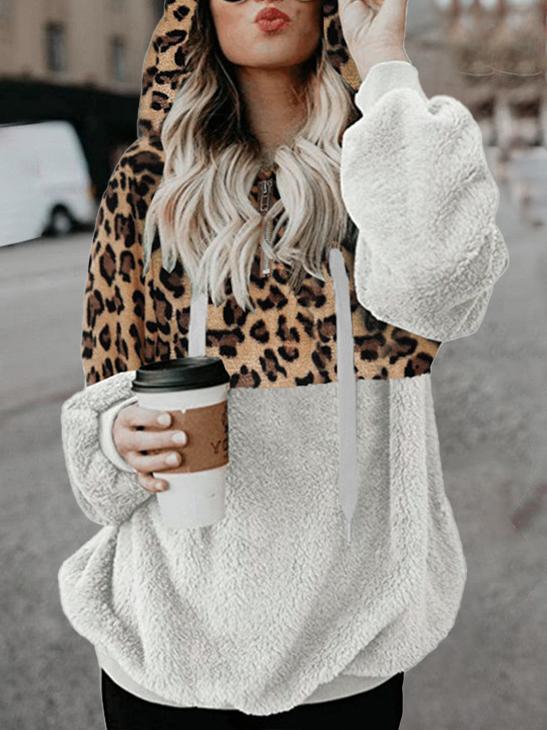 Hoodies - Leopard Print Zip Pocket Long Sleeve Hoody - MsDressly