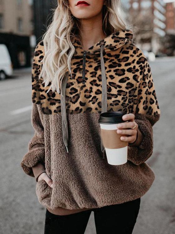 Leopard Print Zip Pocket Long Sleeve Hoody