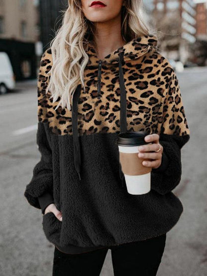 Leopard Print Zip Pocket Long Sleeve Hoody