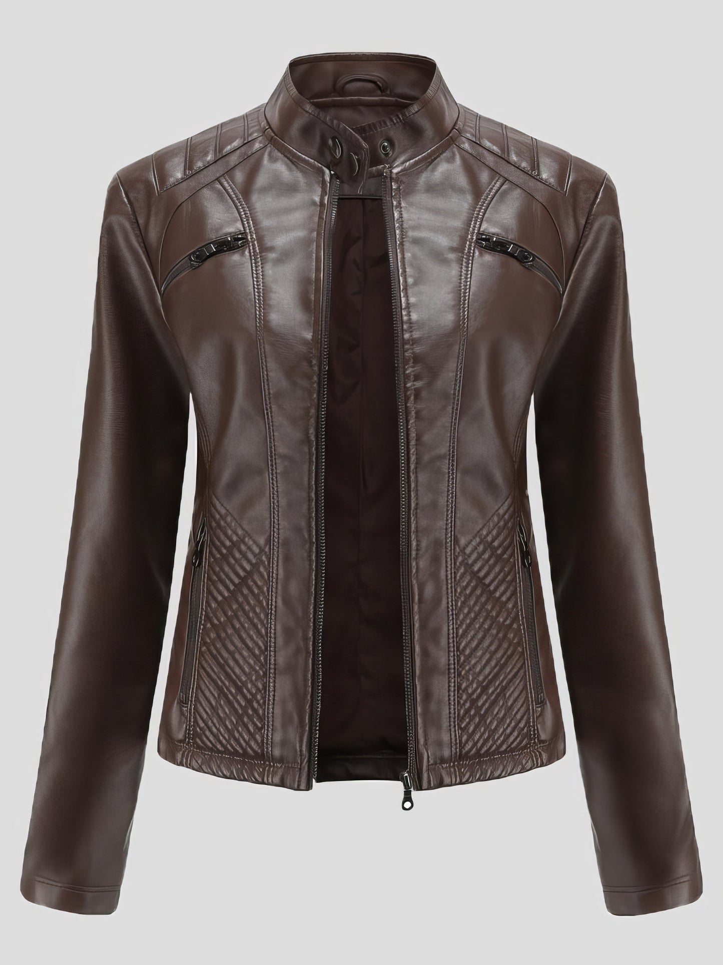 Casual Stand-Collar Slim Solid Leather Jacket