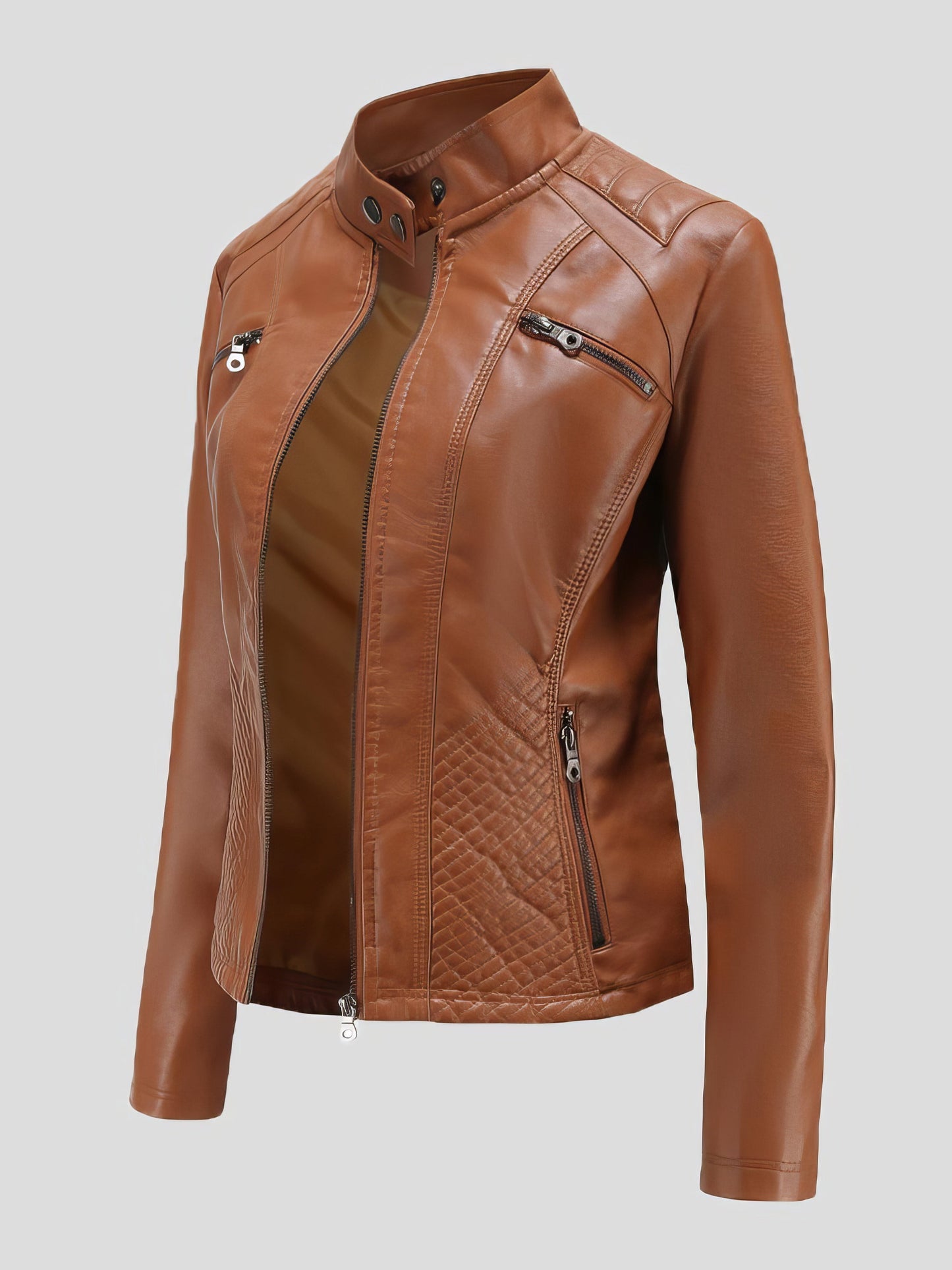 Jackets - Casual Stand-Collar Slim Solid Leather Jacket - MsDressly