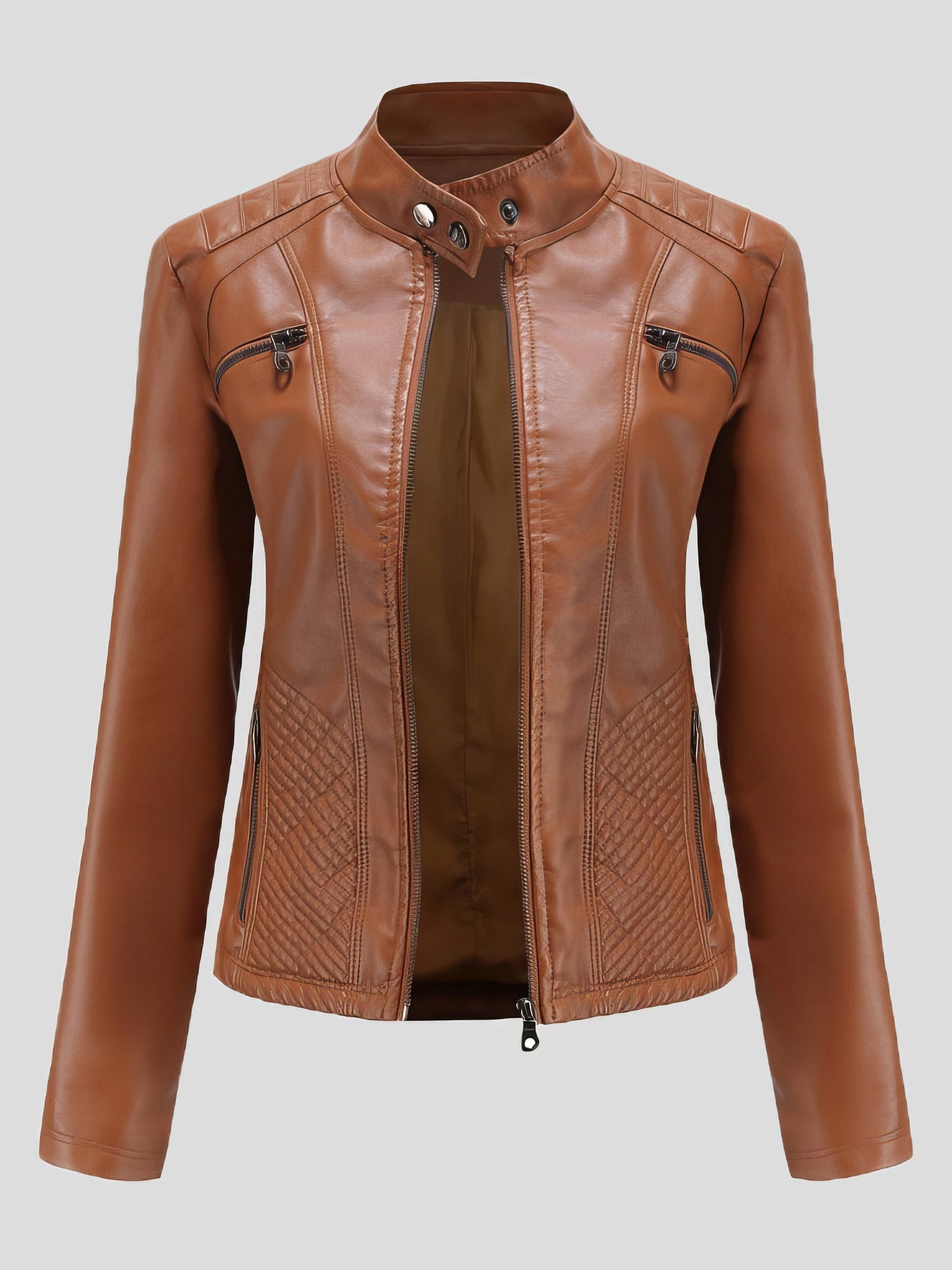 Jackets - Casual Stand-Collar Slim Solid Leather Jacket - MsDressly