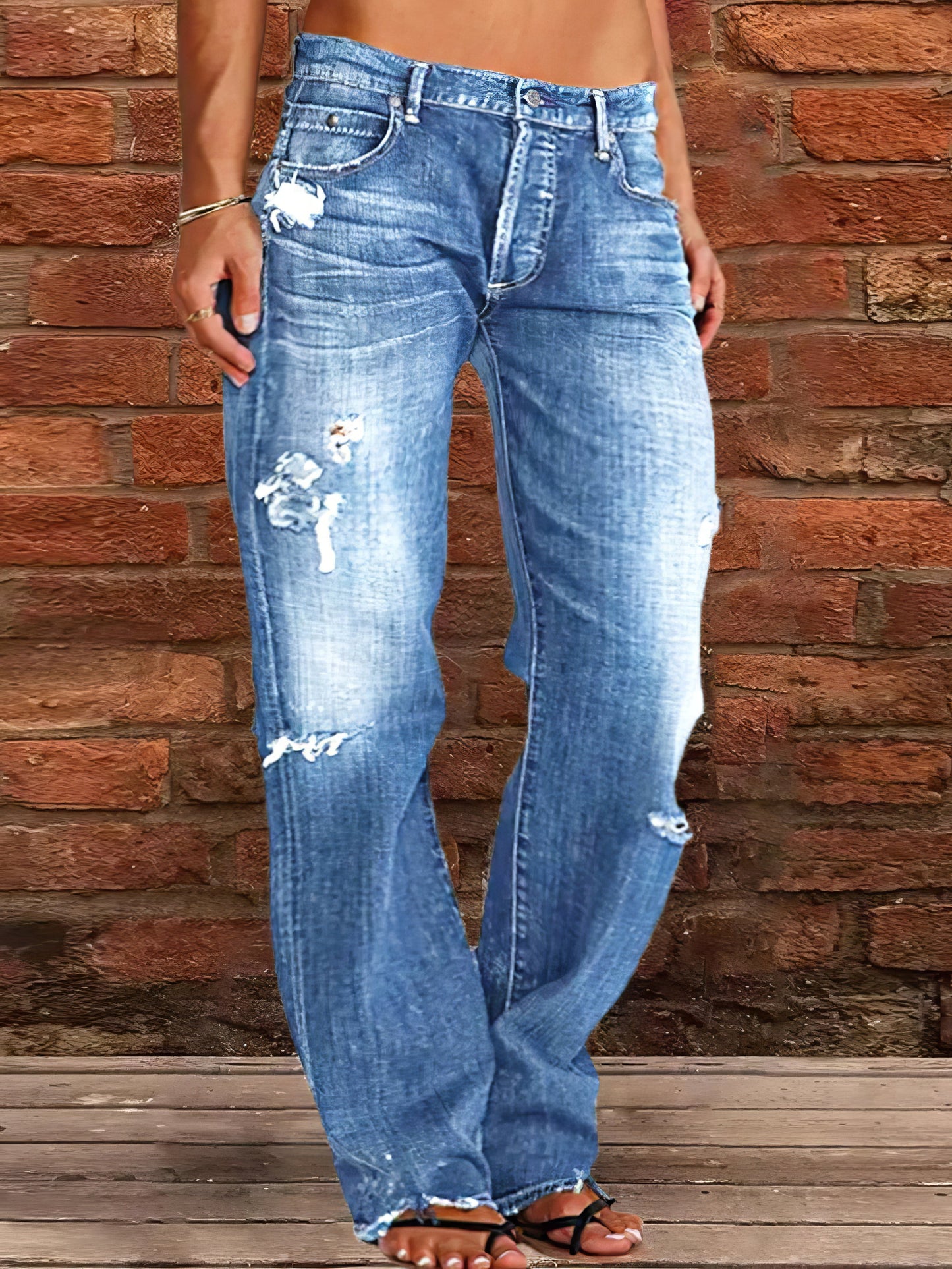 Jeans - Stretch Ripped Washed Casual Straight Jeans - MsDressly