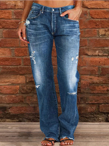 Stretch Ripped Washed Casual Straight Jeans