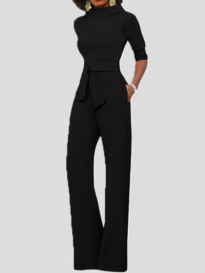 Solid Five-Point Sleeve Belted Wide-Leg Jumpsuit