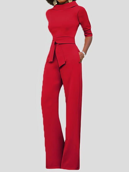 Solid Five-Point Sleeve Belted Wide-Leg Jumpsuit