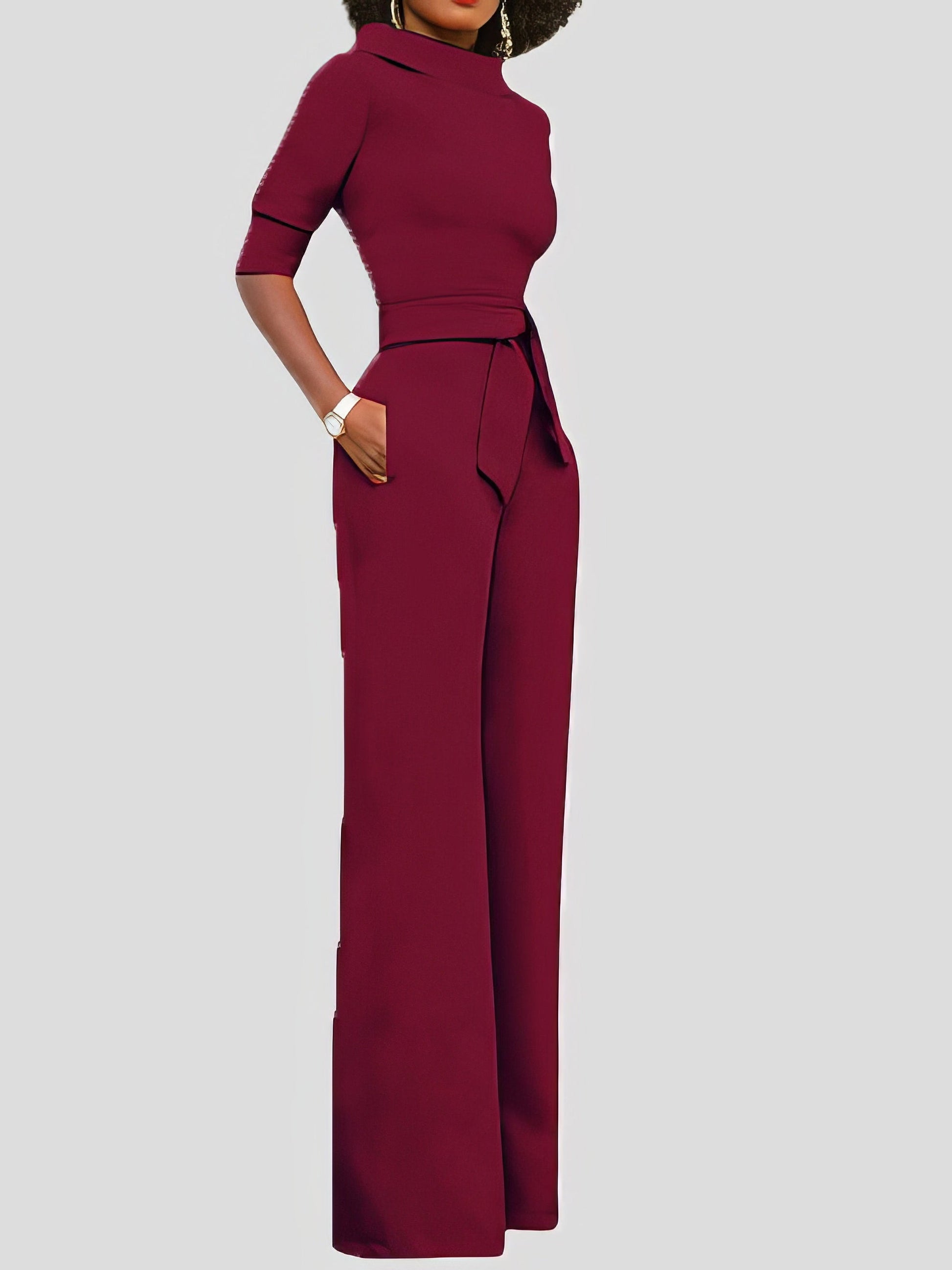 Jumpsuits - Solid Five-Point Sleeve Belted Wide-Leg Jumpsuit - MsDressly