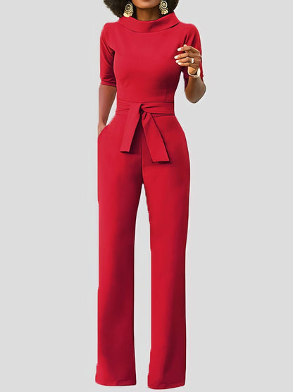 Jumpsuits - Solid Five-Point Sleeve Belted Wide-Leg Jumpsuit - MsDressly