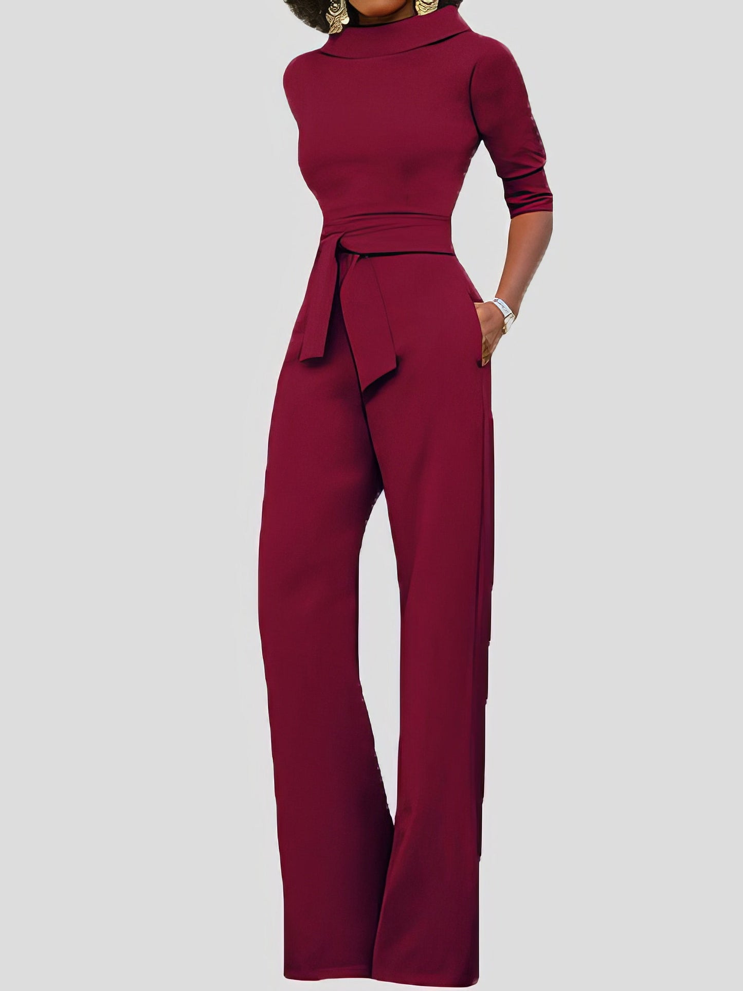 Solid Five-Point Sleeve Belted Wide-Leg Jumpsuit