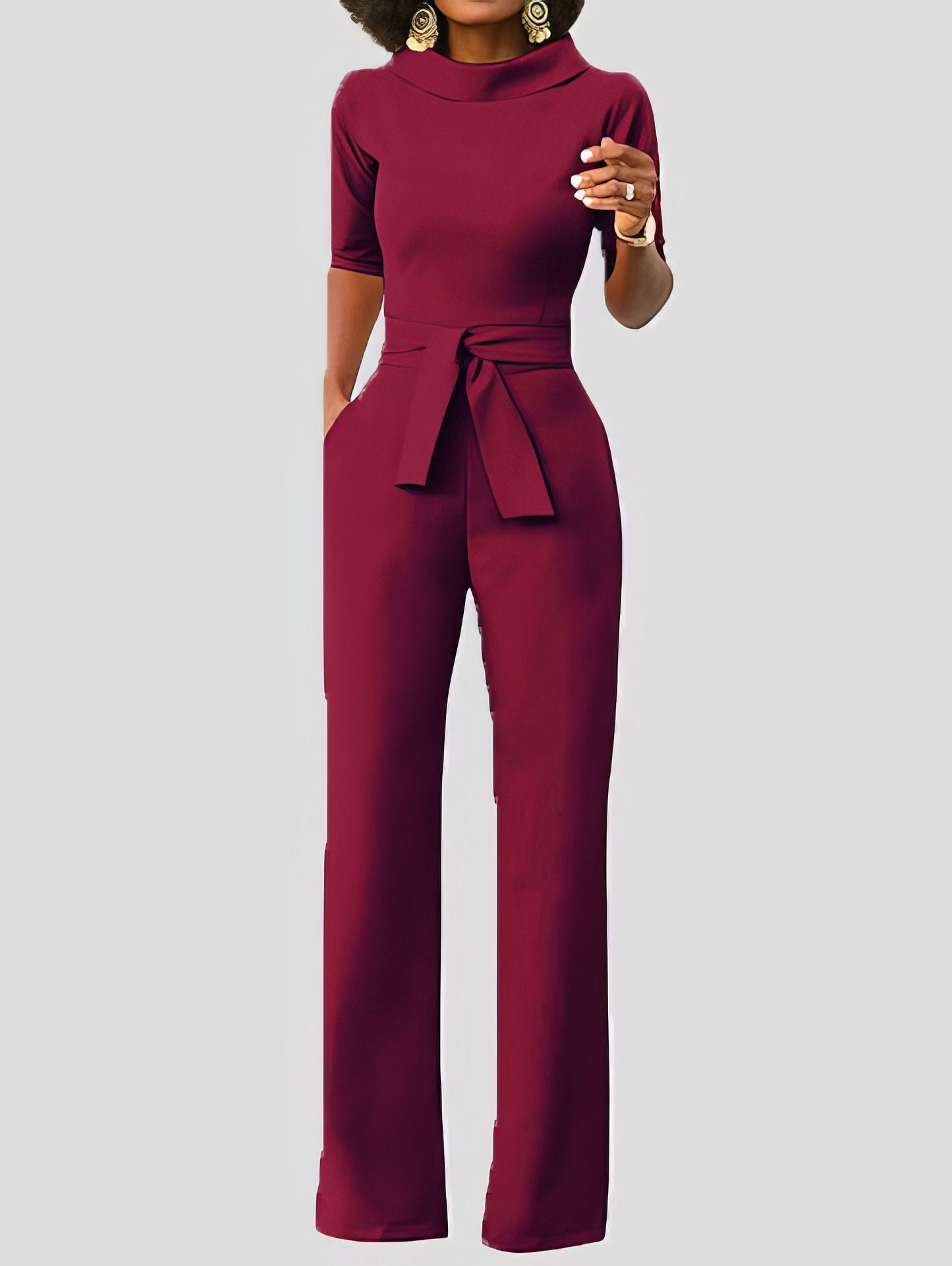 Jumpsuits - Solid Five-Point Sleeve Belted Wide-Leg Jumpsuit - MsDressly