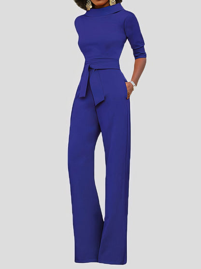 Solid Five-Point Sleeve Belted Wide-Leg Jumpsuit