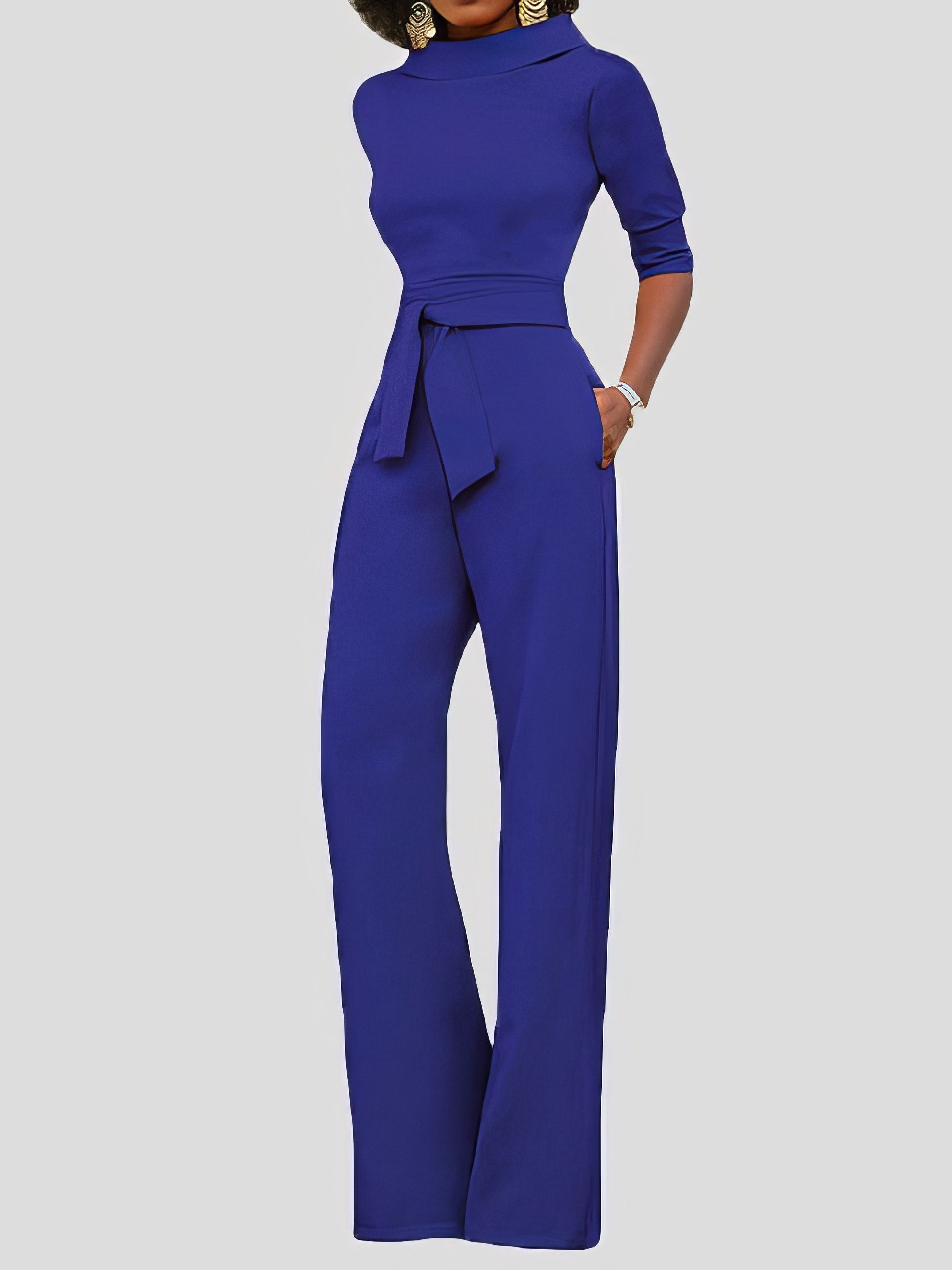 Jumpsuits - Solid Five-Point Sleeve Belted Wide-Leg Jumpsuit - MsDressly