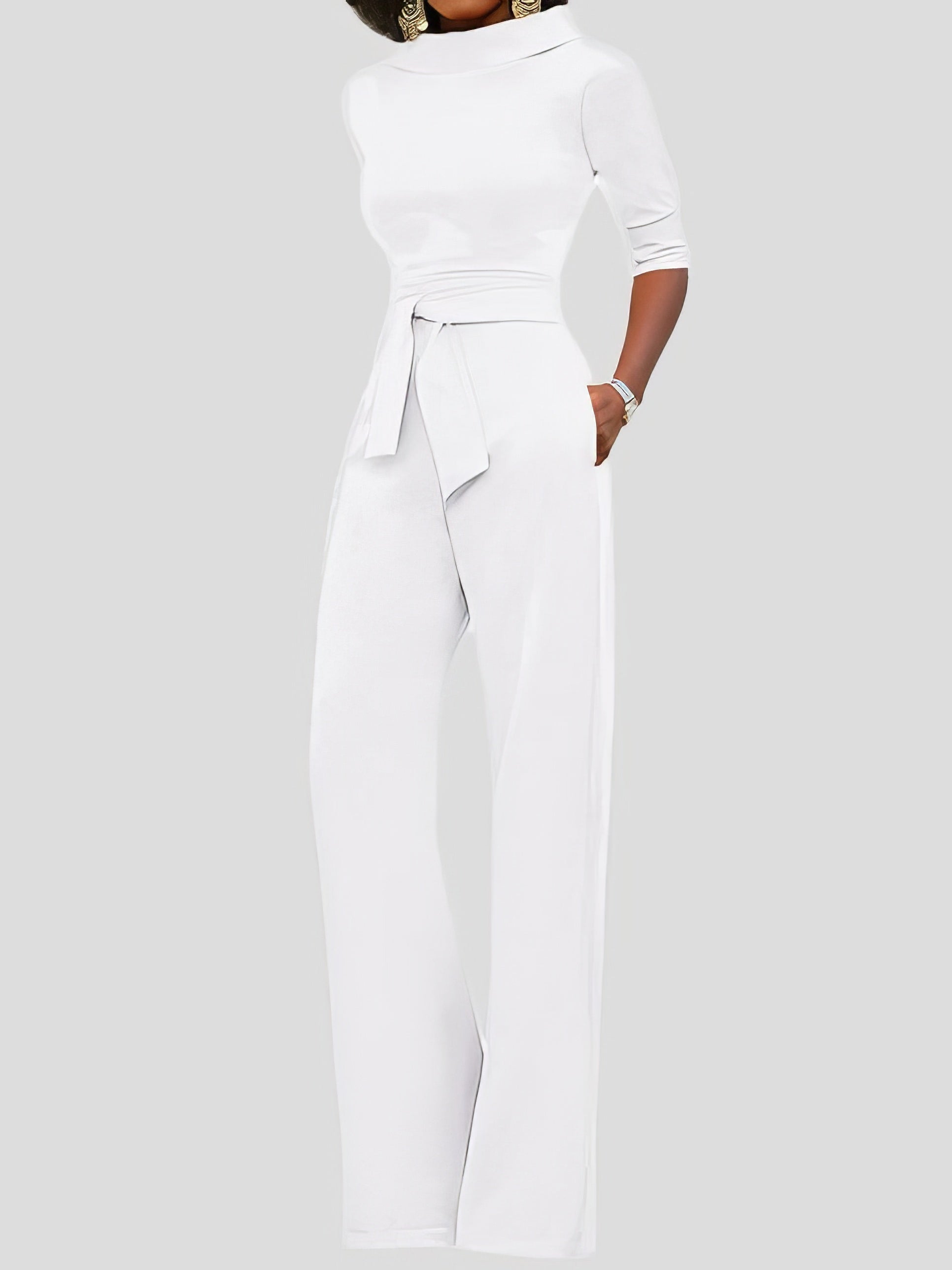 Jumpsuits - Solid Five-Point Sleeve Belted Wide-Leg Jumpsuit - MsDressly