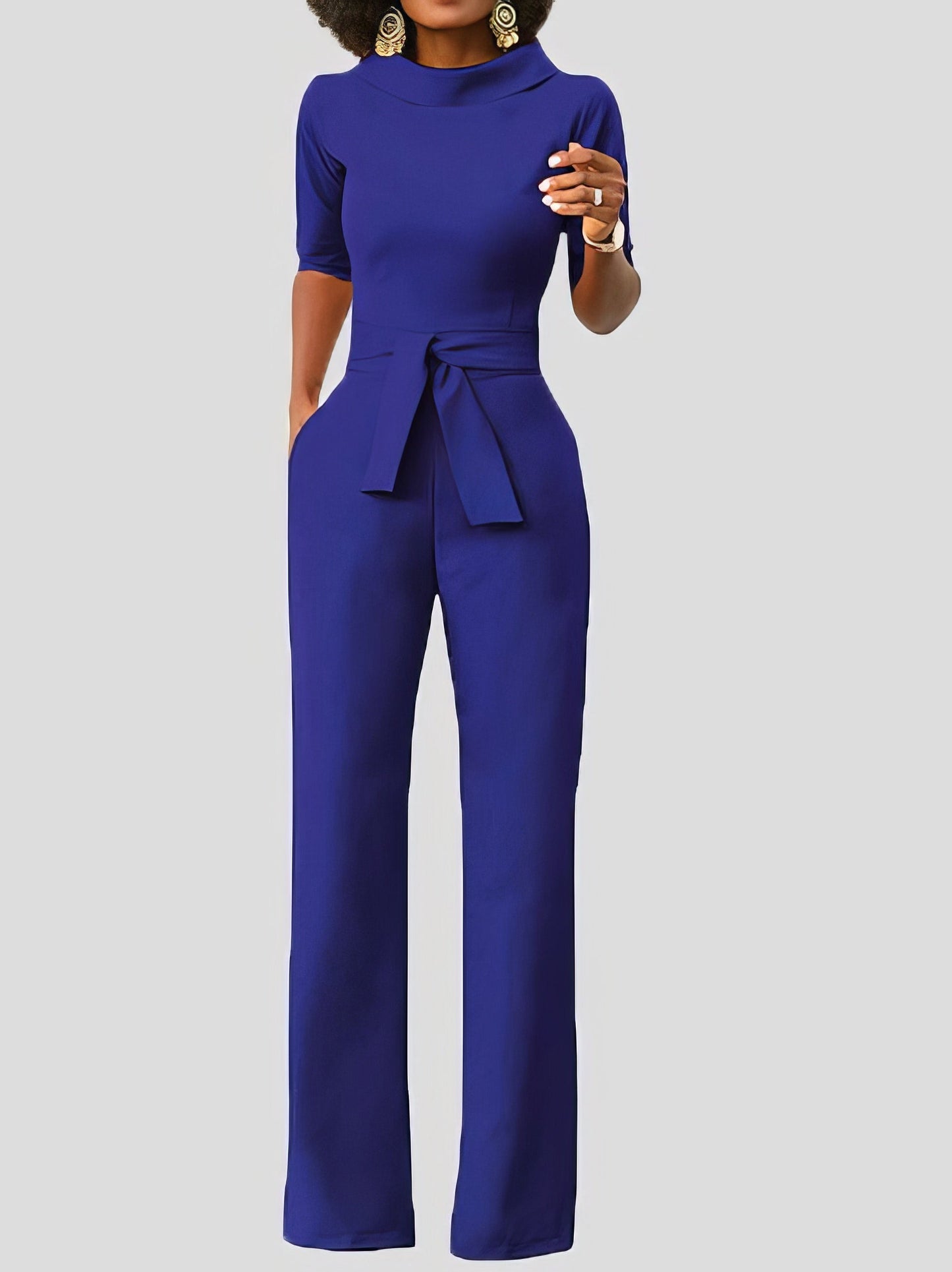 Jumpsuits - Solid Five-Point Sleeve Belted Wide-Leg Jumpsuit - MsDressly