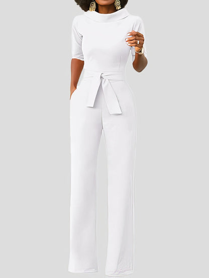 Jumpsuits - Solid Five-Point Sleeve Belted Wide-Leg Jumpsuit - MsDressly