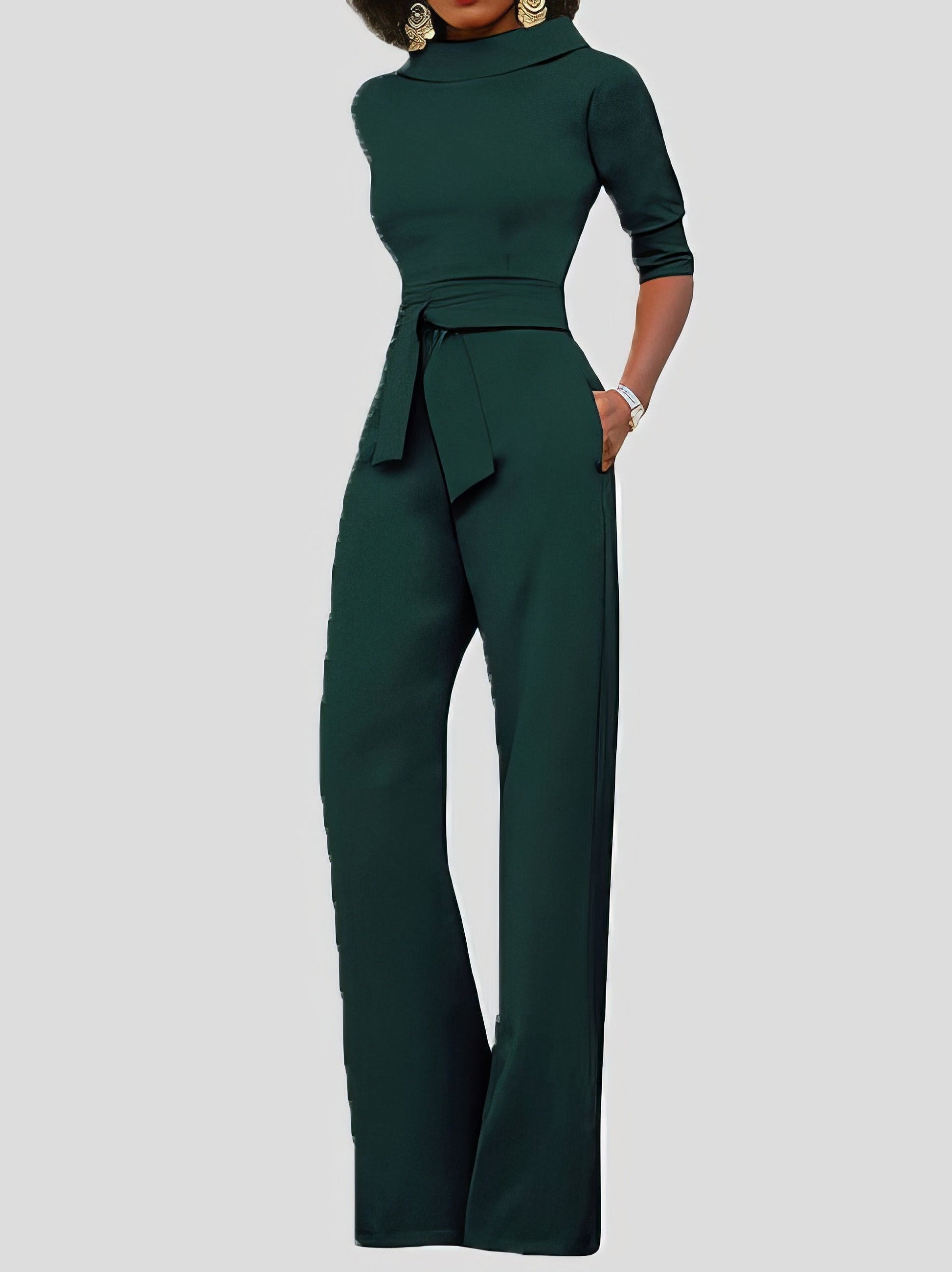 Jumpsuits - Solid Five-Point Sleeve Belted Wide-Leg Jumpsuit - MsDressly