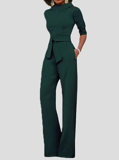 Solid Five-Point Sleeve Belted Wide-Leg Jumpsuit