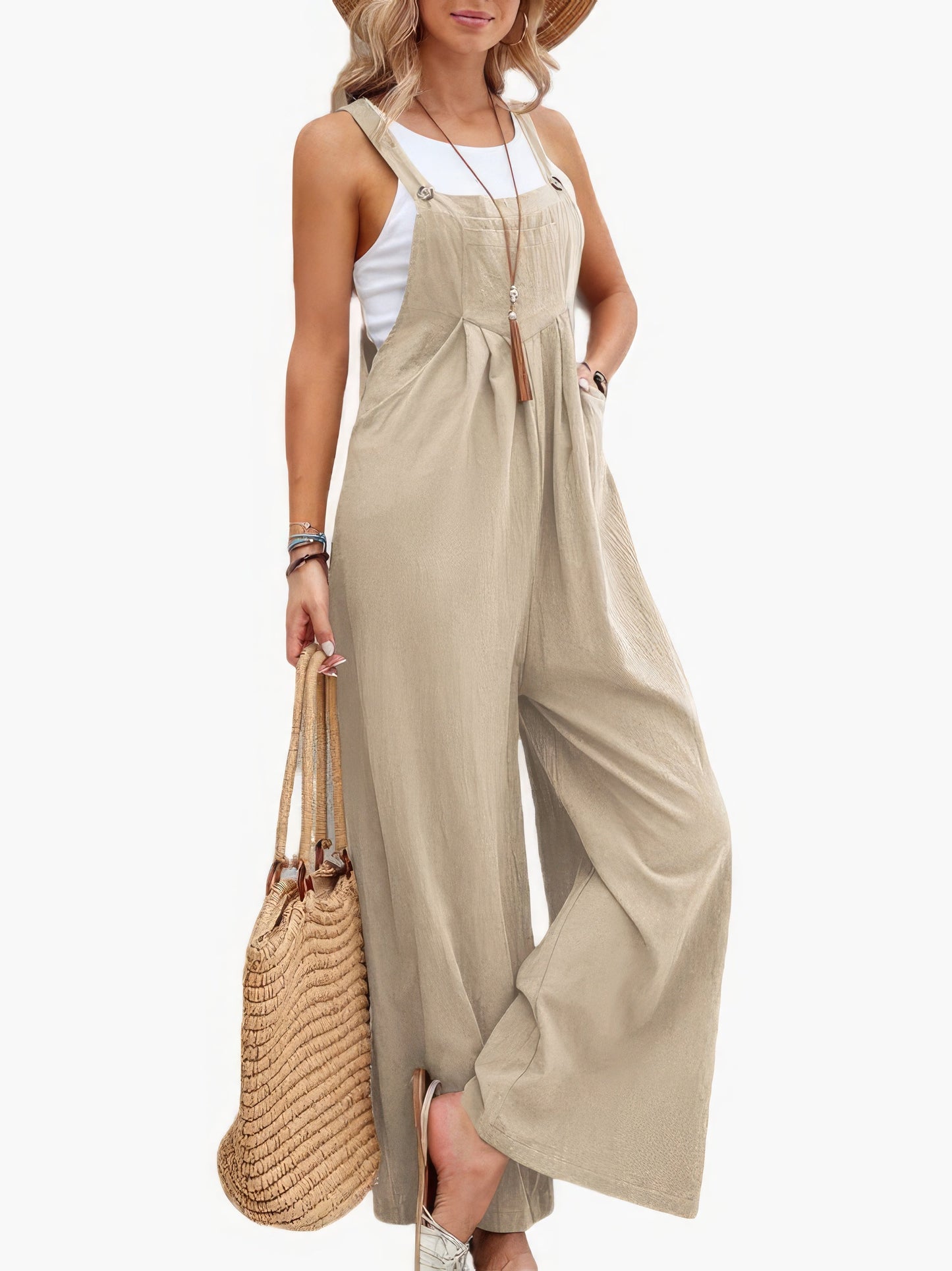 Jumpsuits - Solid Pocket Wide Leg Casual Jumpsuit - MsDressly