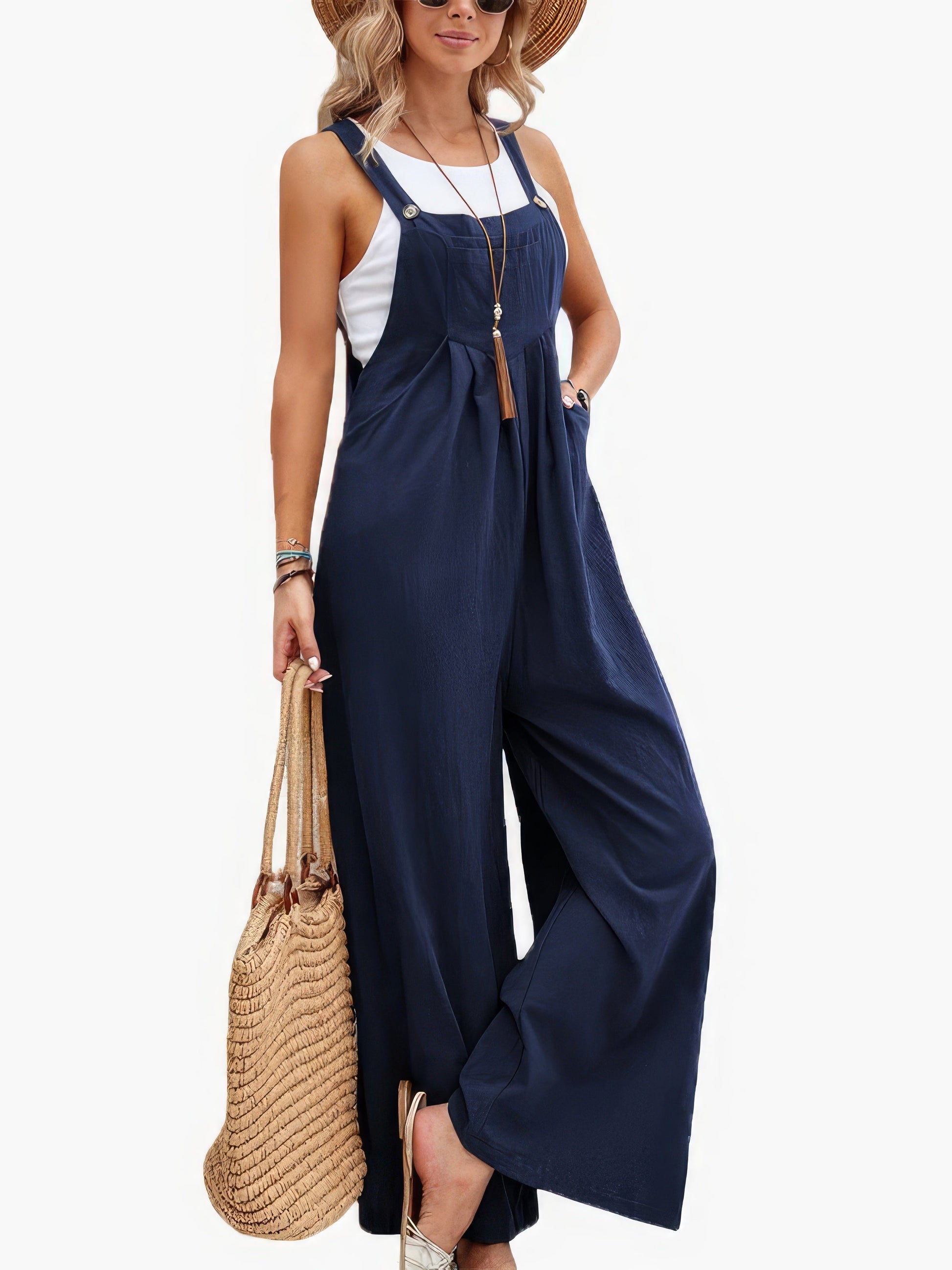 Jumpsuits - Solid Pocket Wide Leg Casual Jumpsuit - MsDressly