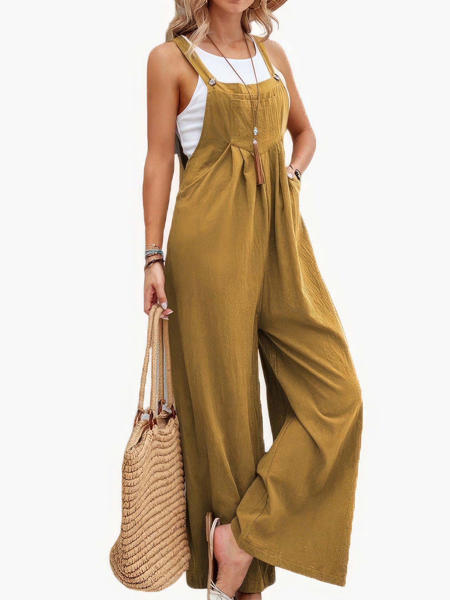 Jumpsuits - Solid Pocket Wide Leg Casual Jumpsuit - MsDressly