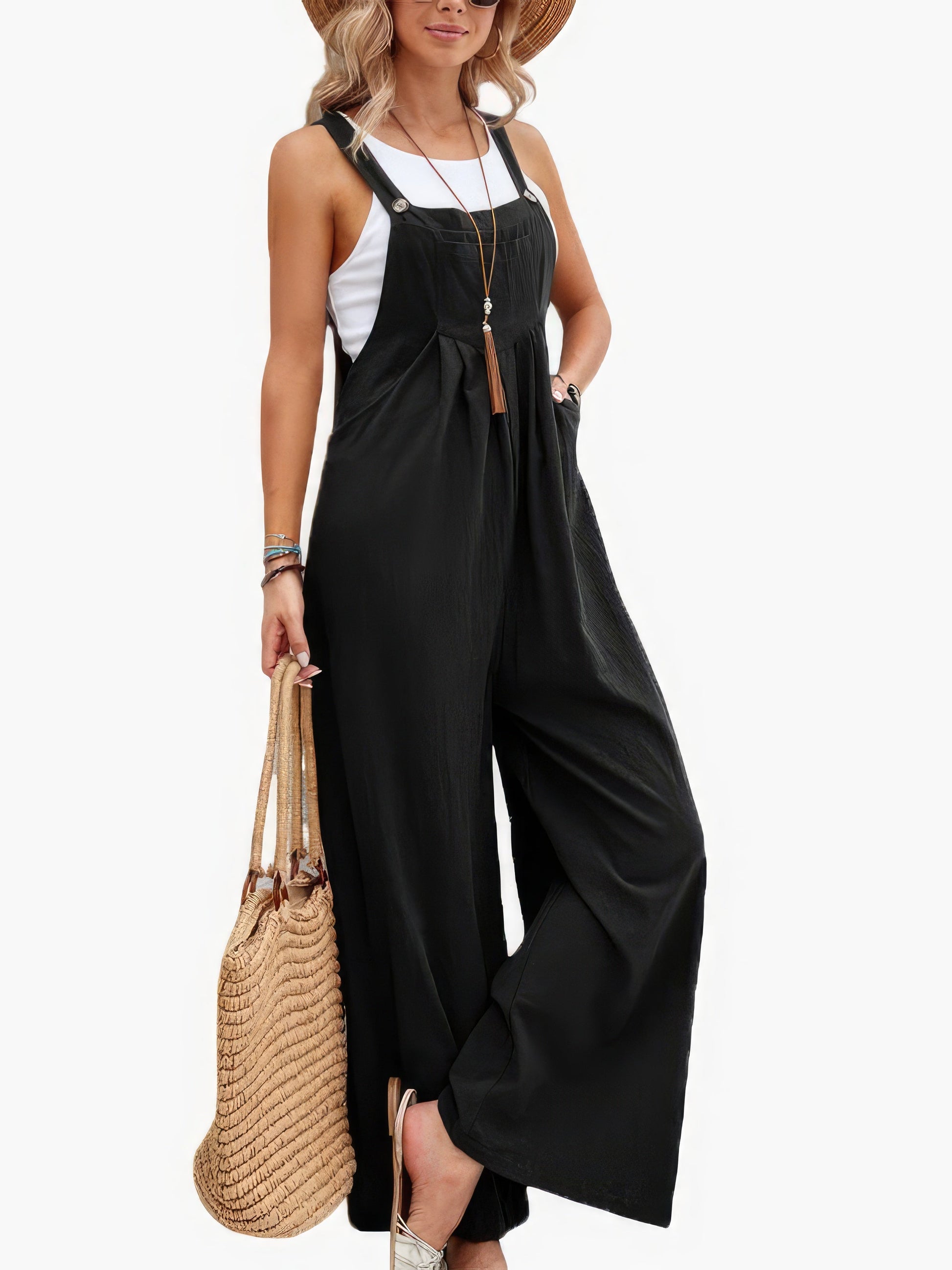 Jumpsuits - Solid Pocket Wide Leg Casual Jumpsuit - MsDressly