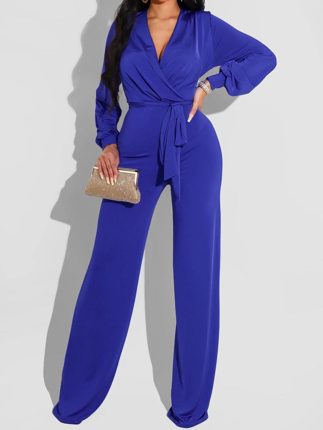 Jumpsuits Solid V-Neck Belted Long Sleeve Jumpsuit for Women JUM2201151400BLUS Blue / S